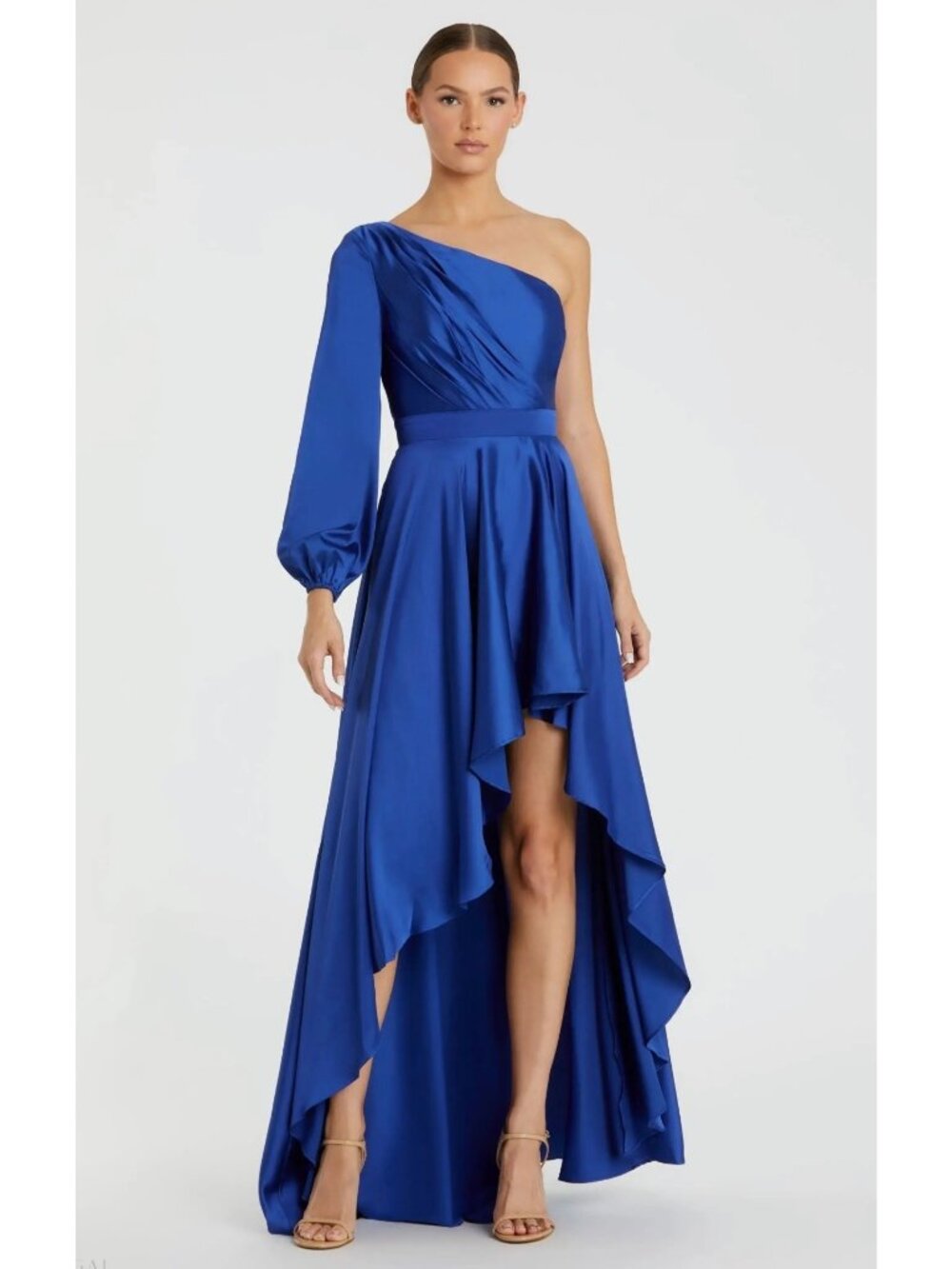Mac Duggal 49141 Asymmetric Satin One Shoulder Long Bishop Sleeve Dress Size 0